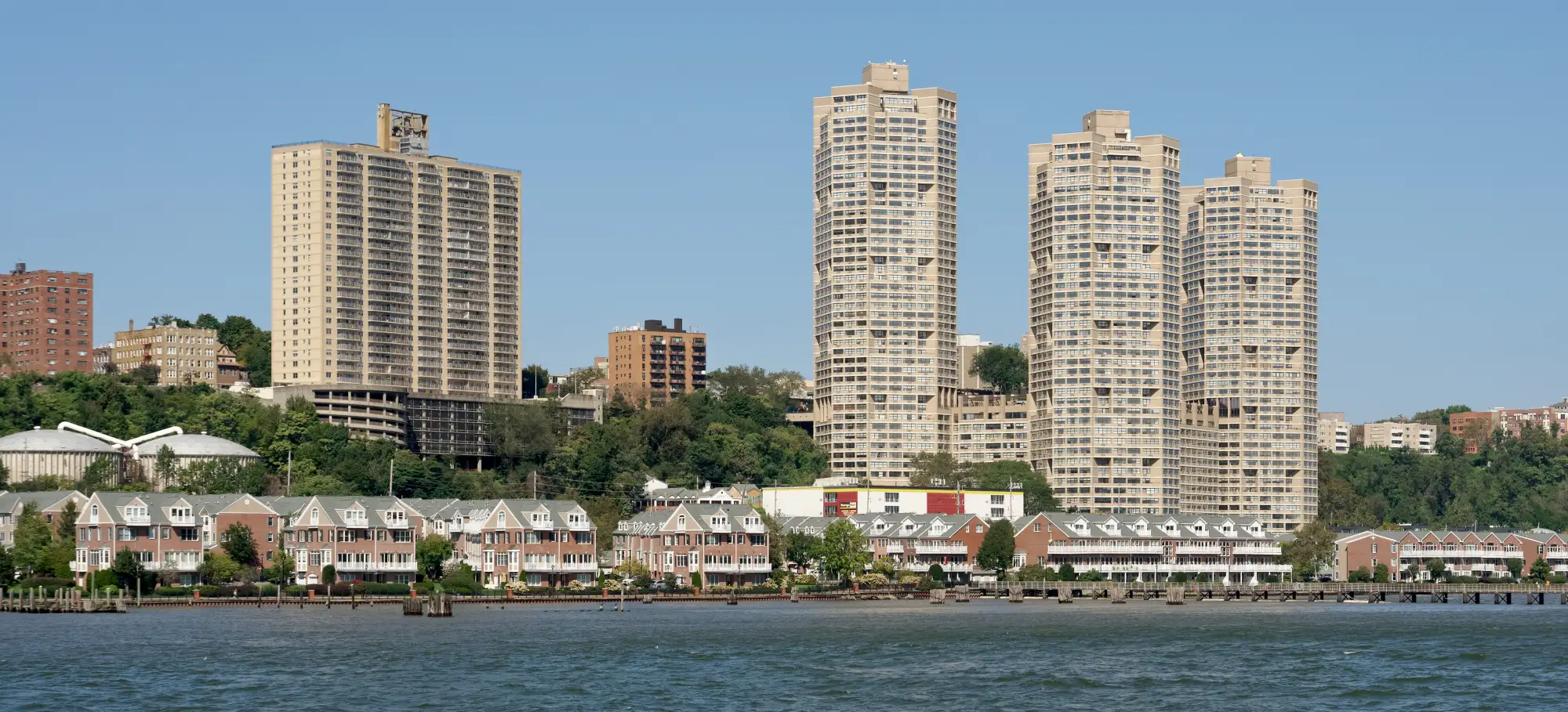 Apartment towers and townhouses along the Hudson River waterfront in West New York, New Jersey